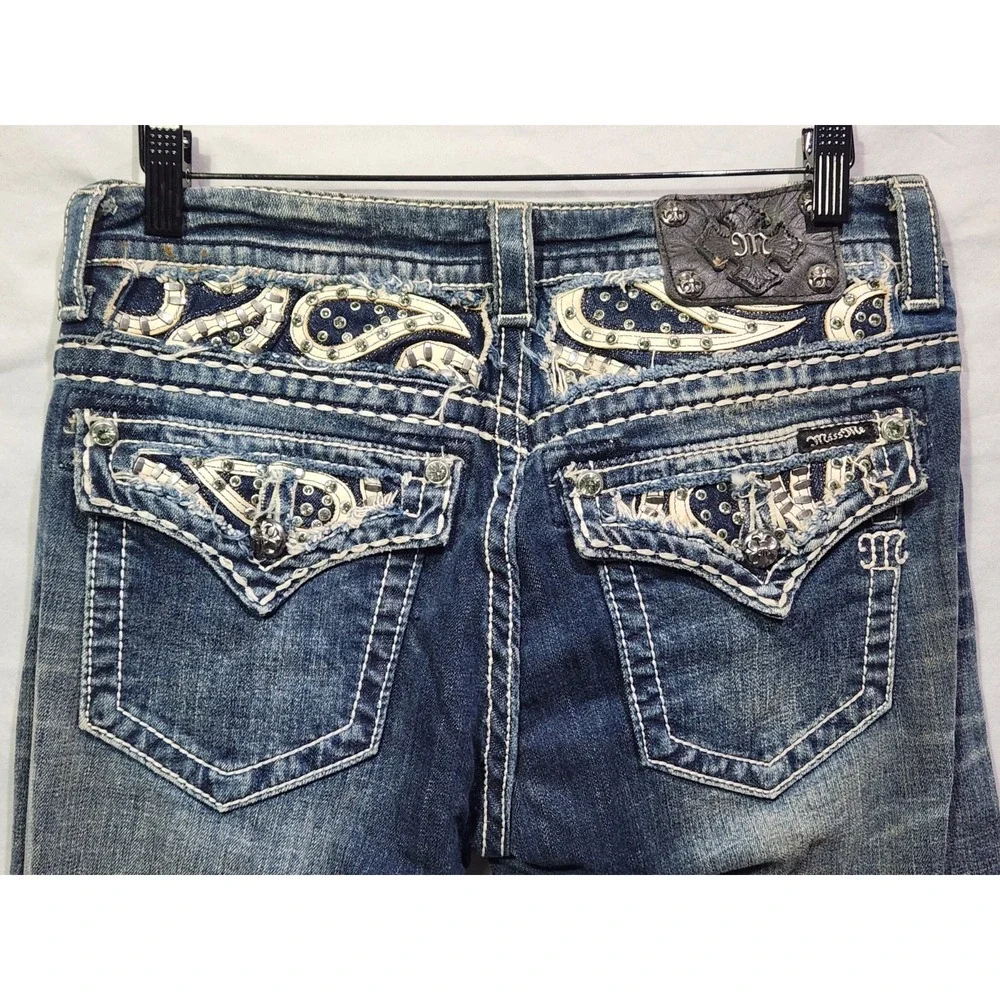 Miss Me Easy Boot Thick Stitch Jean Women 29 Distressed Paisley Rhinestone Jewel - Picture 3 of 10